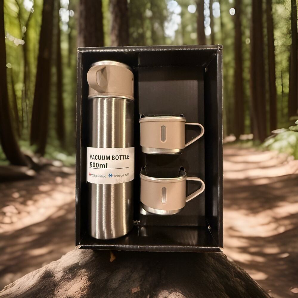 3-Piece Stainless Steel Vacuum Flask Gift Set – 500ml Flask (Hot/Cold) + 2 Cups